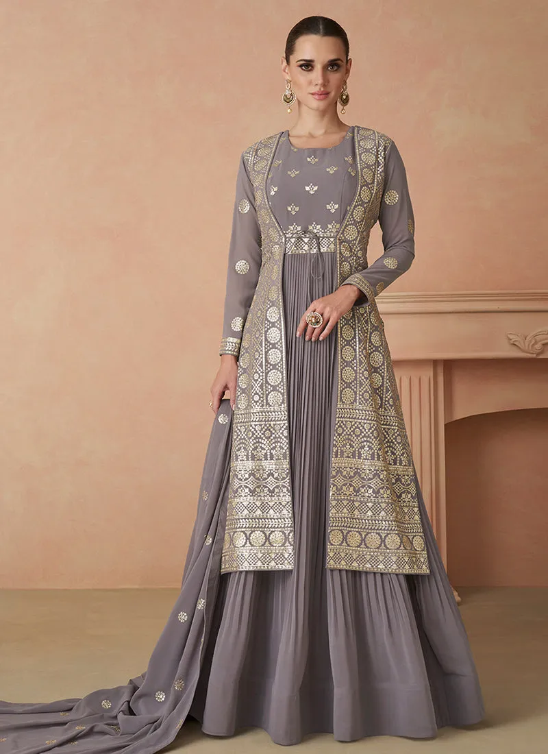 Lavender Golden Sequence Embroidery Anarkali Gown With Jacket