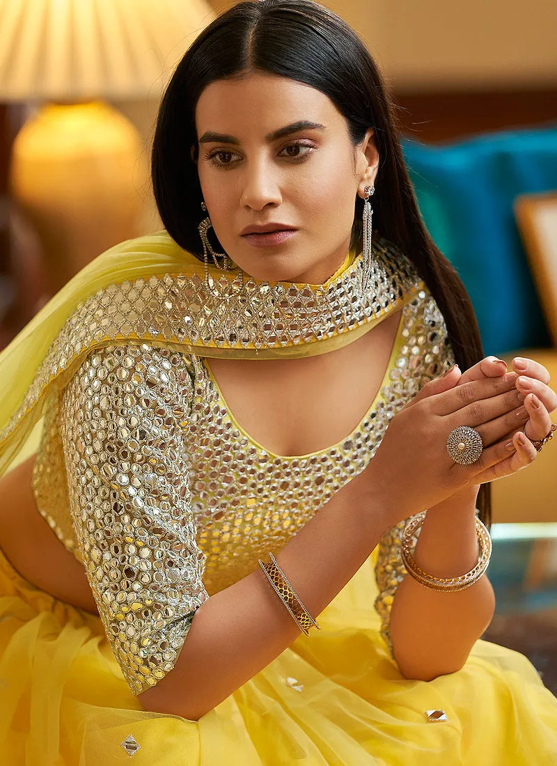 Lemon Yellow Mirror Embroidered Indian Wedding Lehenga