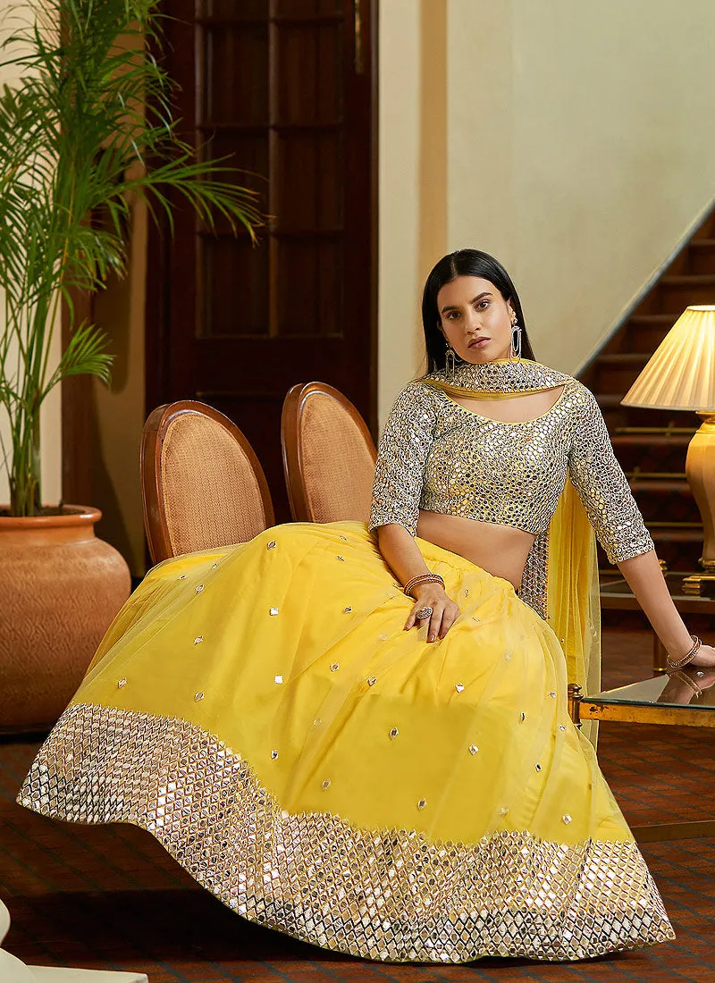 Lemon Yellow Mirror Embroidered Indian Wedding Lehenga