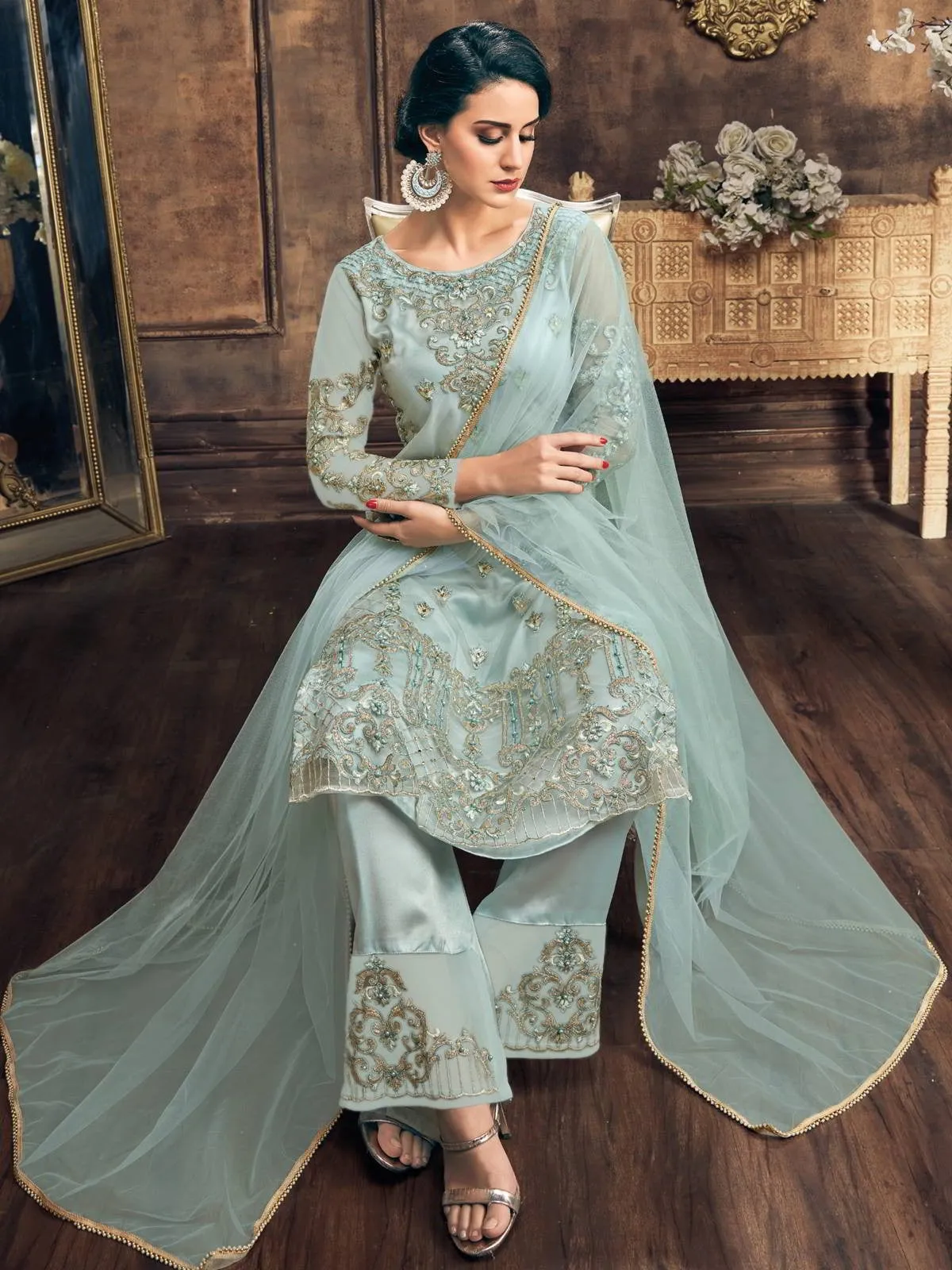 Light Blue Embroidery And Pearl Embellished Pakistani Pant Suit