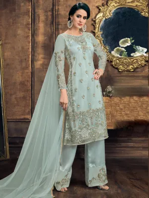Light Blue Embroidery And Pearl Embellished Pakistani Pant Suit
