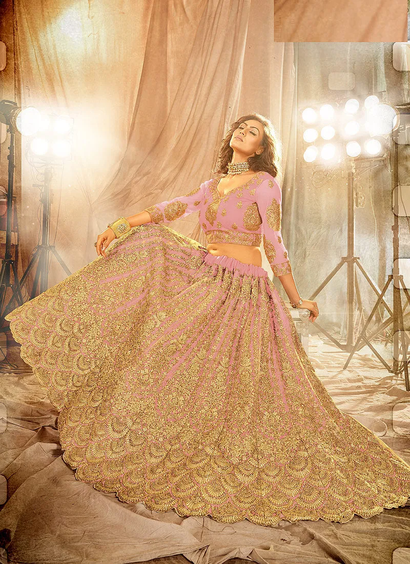 Light Pink Golden Embroidered Wedding Lehenga Choli