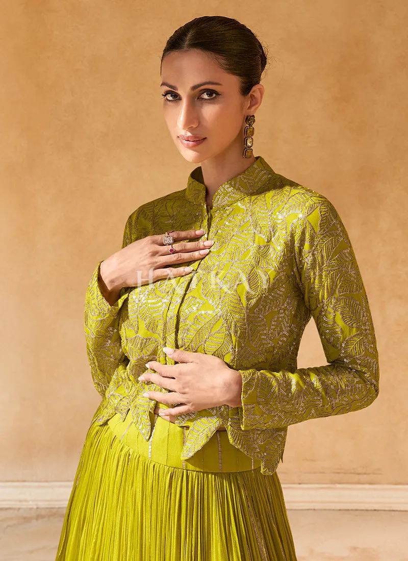 Lime Green Embroidered Koti Style Lehenga Choli