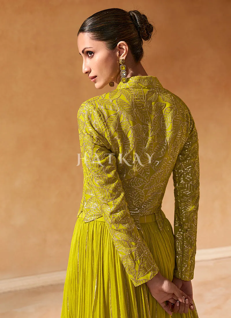 Lime Green Embroidered Koti Style Lehenga Choli