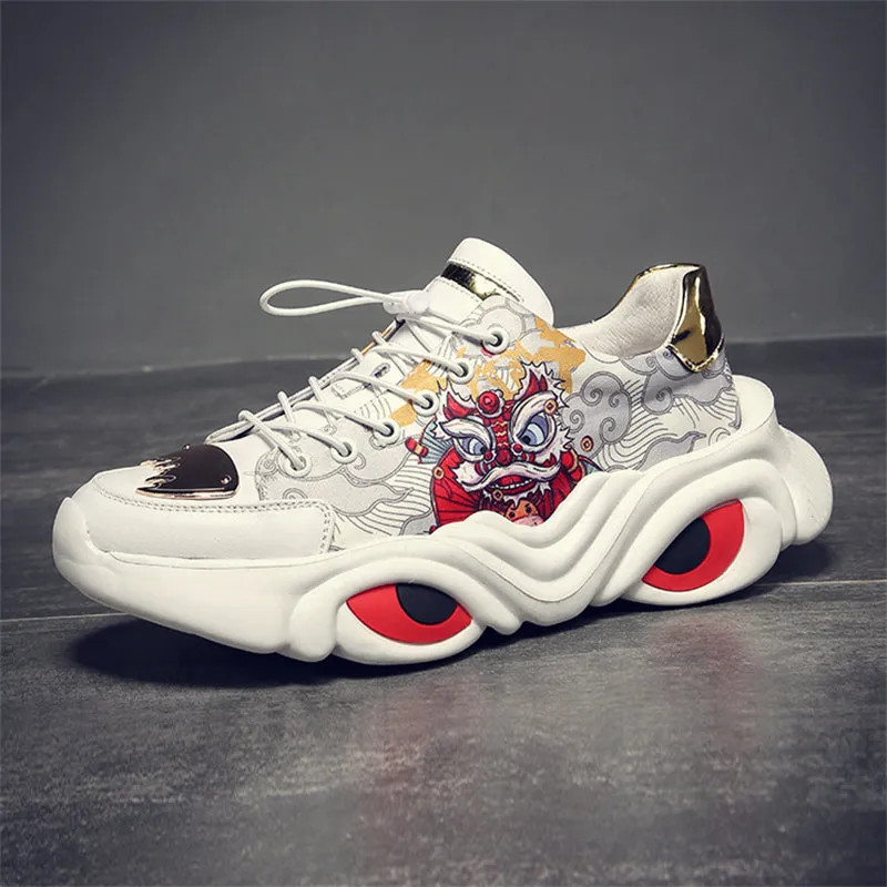 Lion Dance Graffiti Lace-Up Sneakers for Men