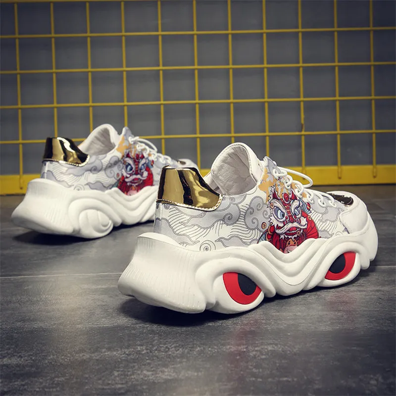 Lion Dance Graffiti Lace-Up Sneakers for Men