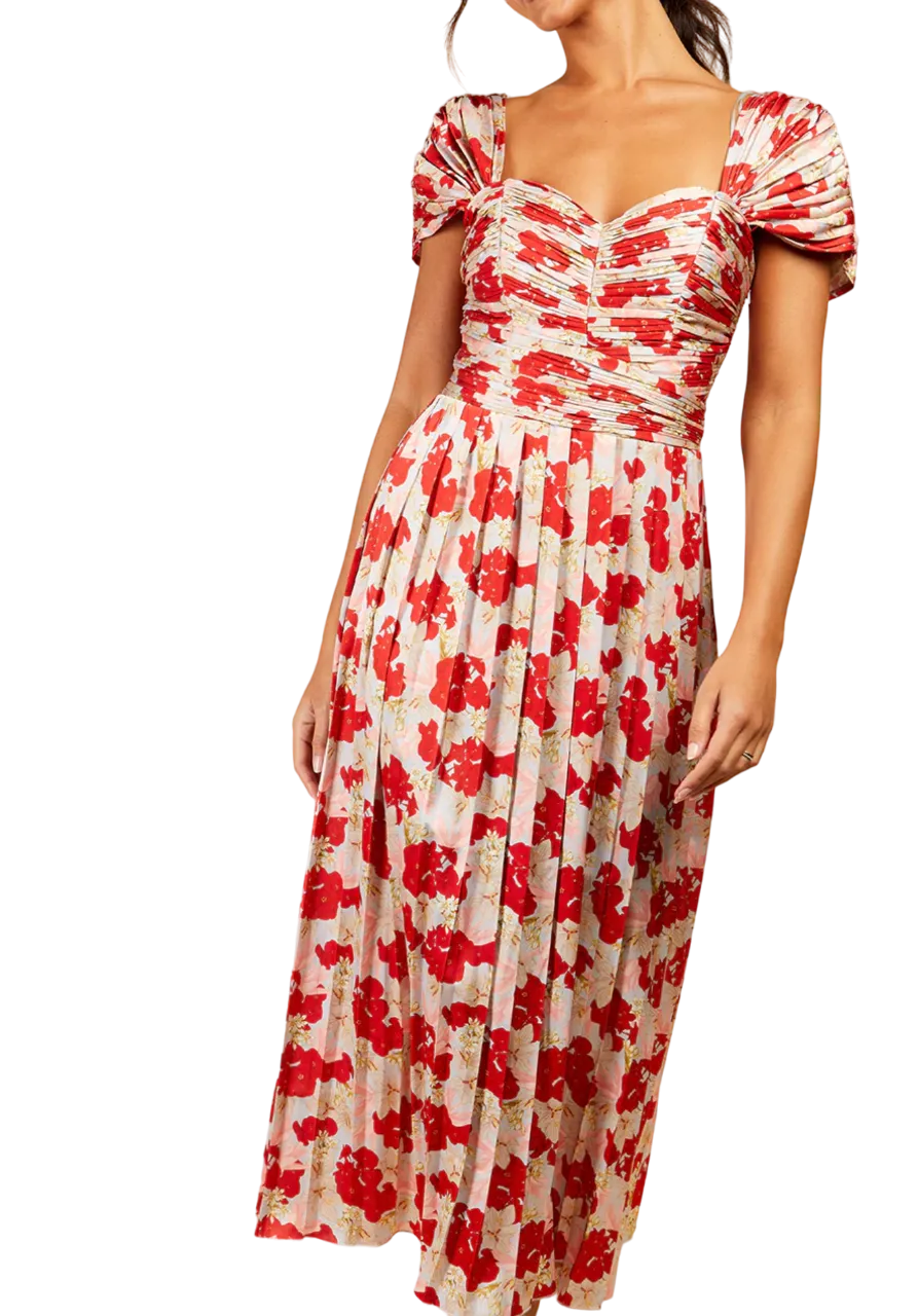 Little Mistress Red Jackson Floral Print Pleated Midaxi Dress UK 8