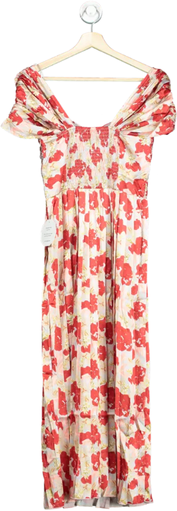Little Mistress Red Jackson Floral Print Pleated Midaxi Dress UK 8