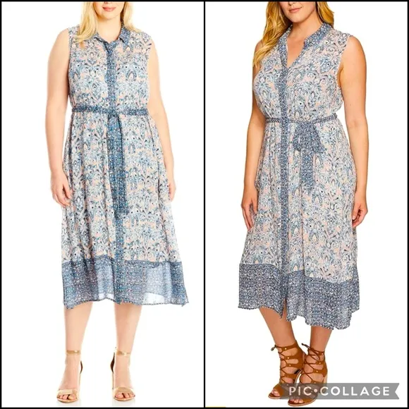 Lucky Brand Floral Print Button Down Midi Shirt Dress w/Pockets