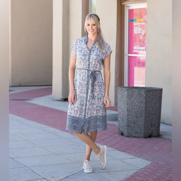 Lucky Brand Floral Print Button Down Midi Shirt Dress w/Pockets