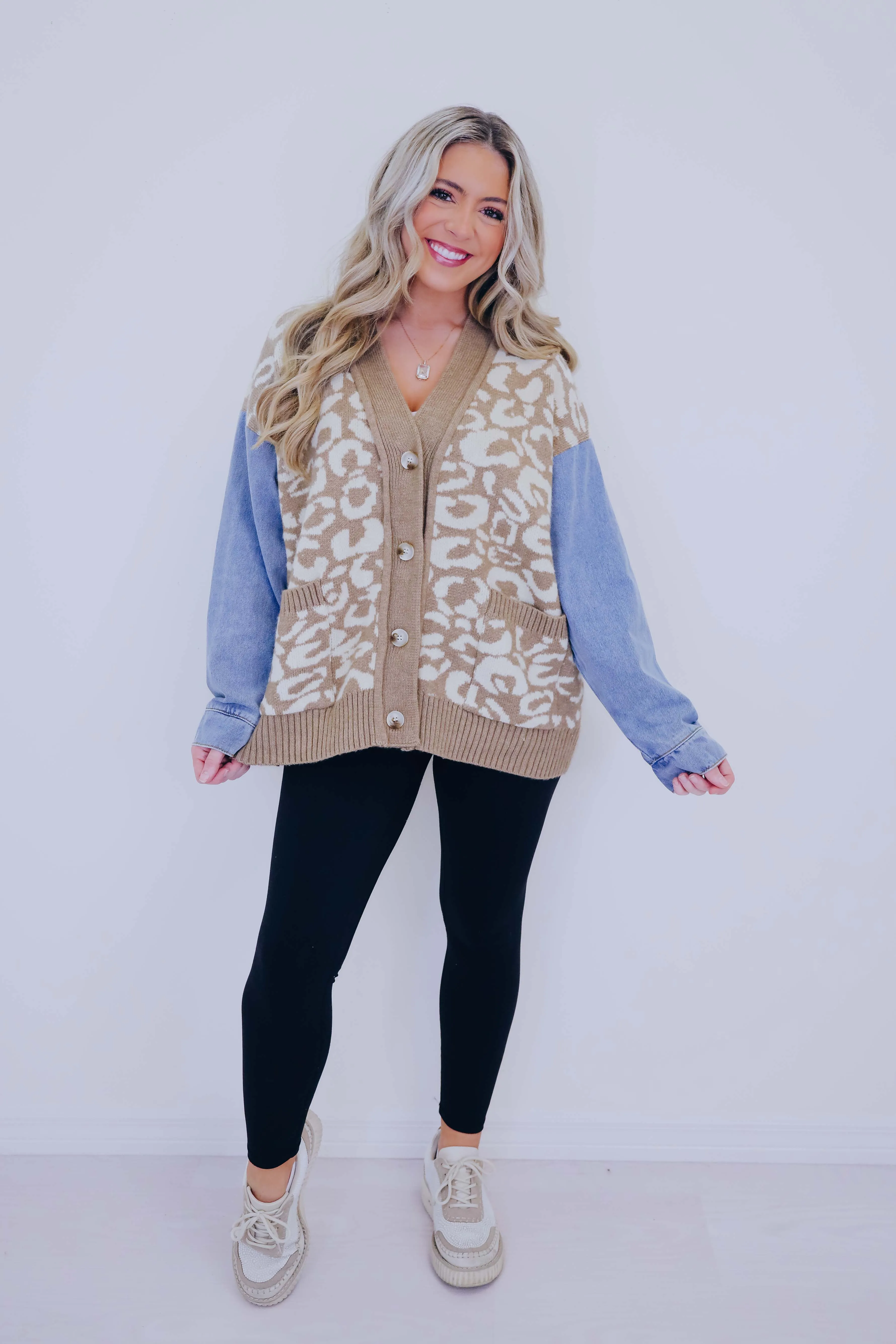 Luscious Leopard Denim Sleeve Cardigan