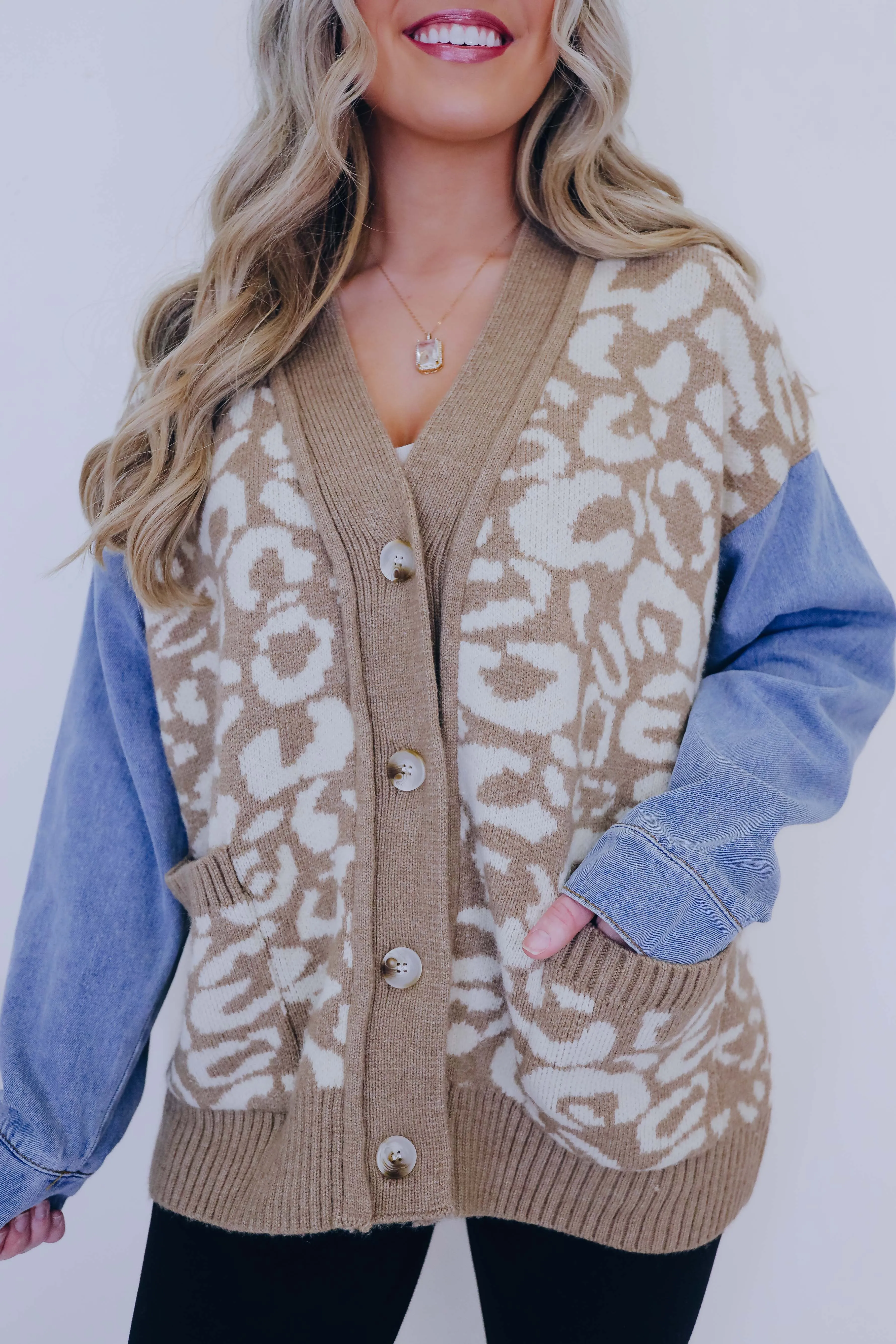 Luscious Leopard Denim Sleeve Cardigan