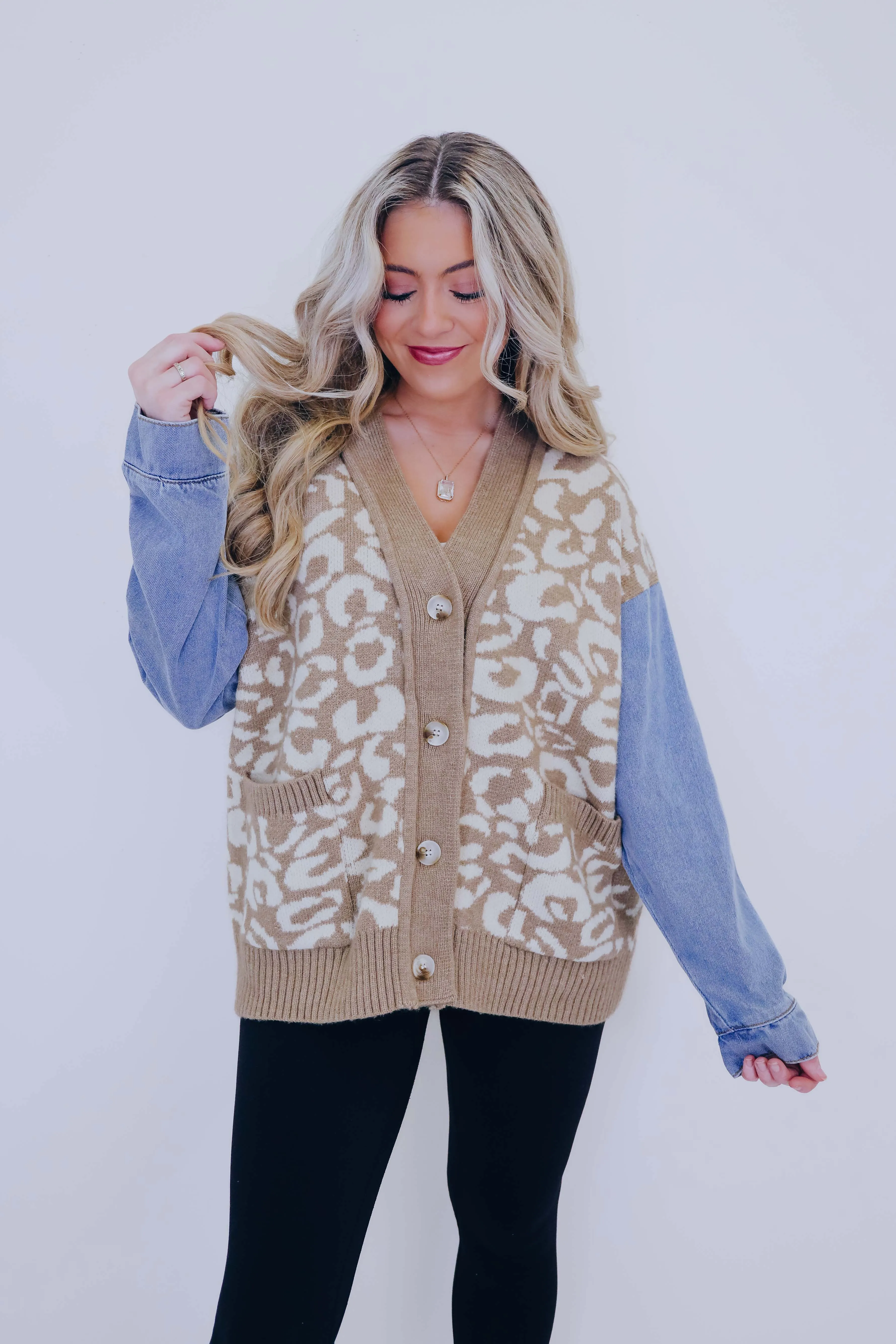 Luscious Leopard Denim Sleeve Cardigan