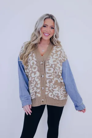 Luscious Leopard Denim Sleeve Cardigan