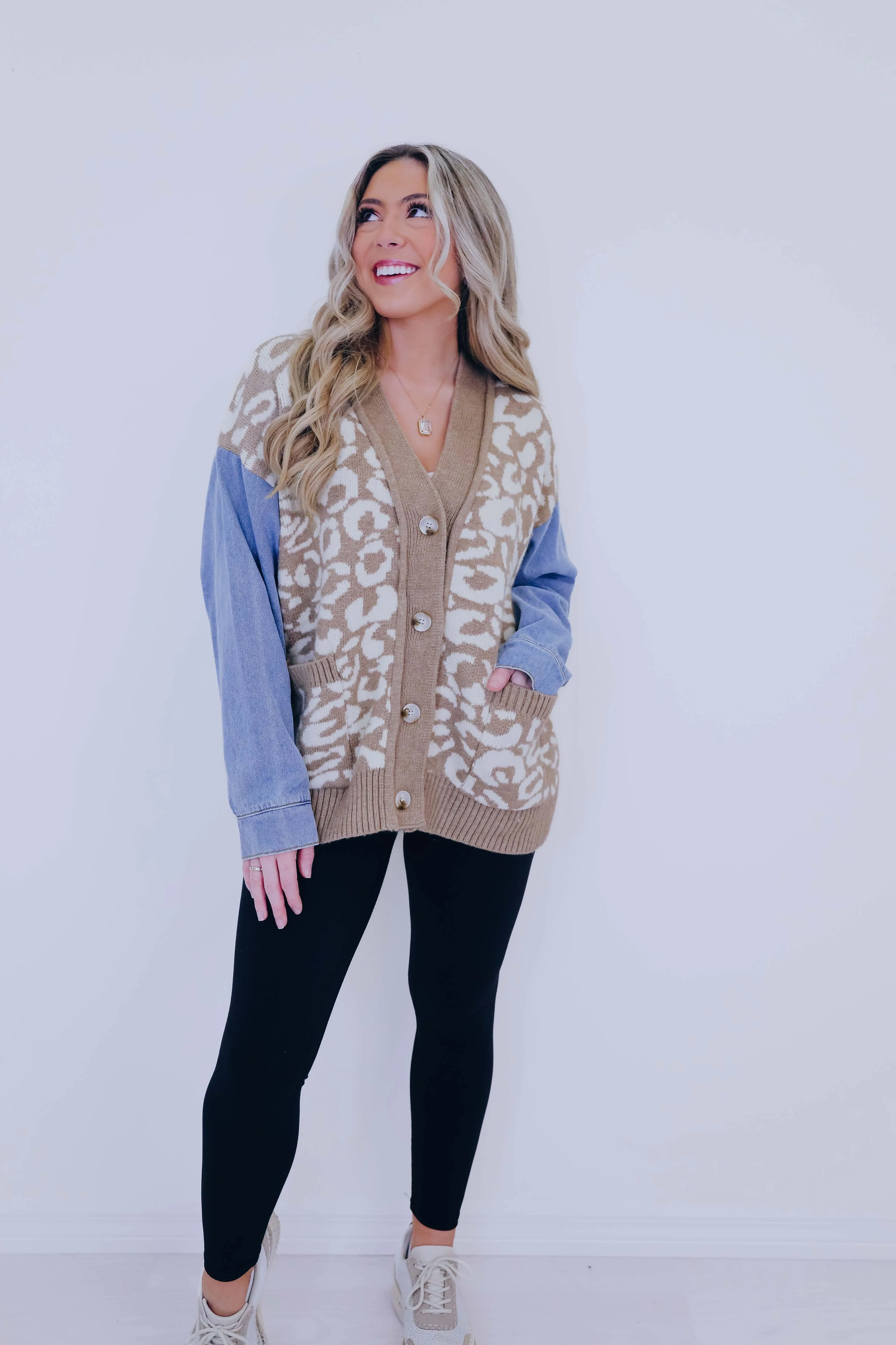 Luscious Leopard Denim Sleeve Cardigan