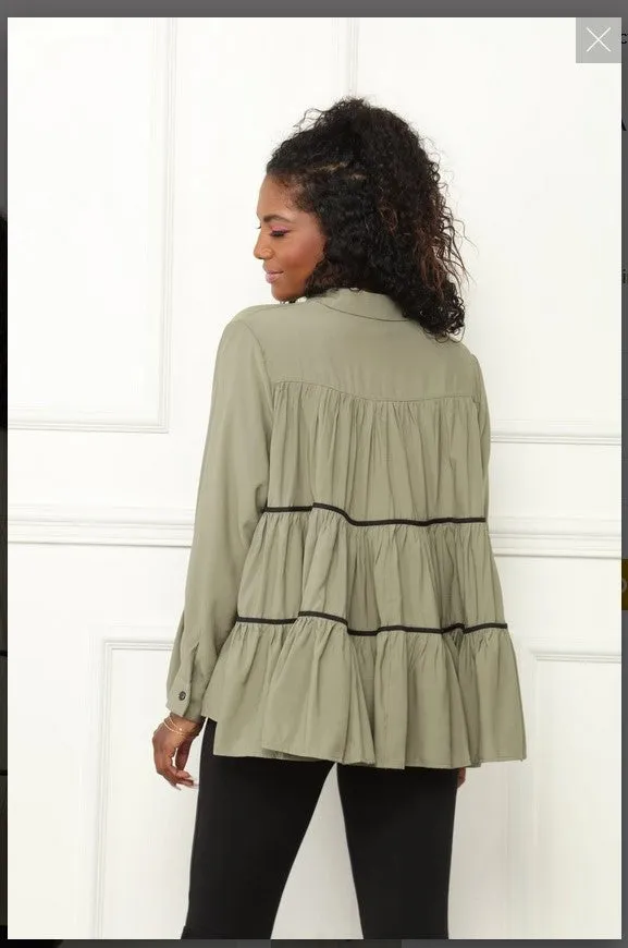 Luxe Moda LM-155   Light Olive tiered Top trimmed in Black Size Color Qty Share: