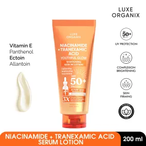 Luxe Organix Niacinamide   Tranexamic Acid Youthful Glow Whitening Serum Lotion SPF50 PA     200ml