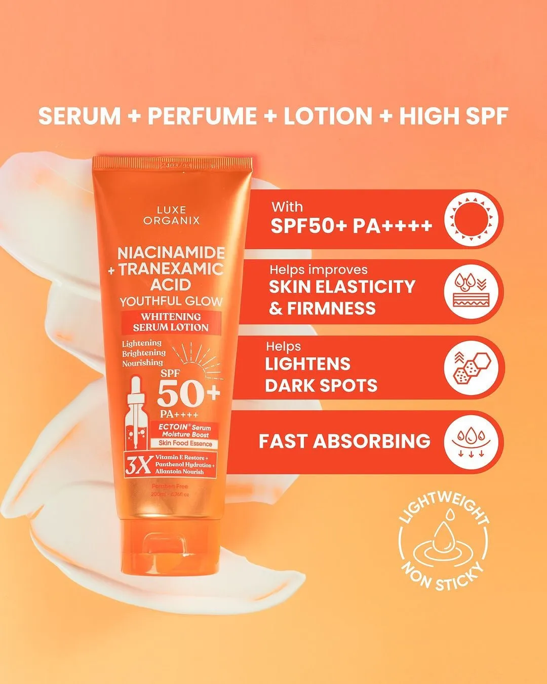 Luxe Organix Niacinamide   Tranexamic Acid Youthful Glow Whitening Serum Lotion SPF50 PA     200ml