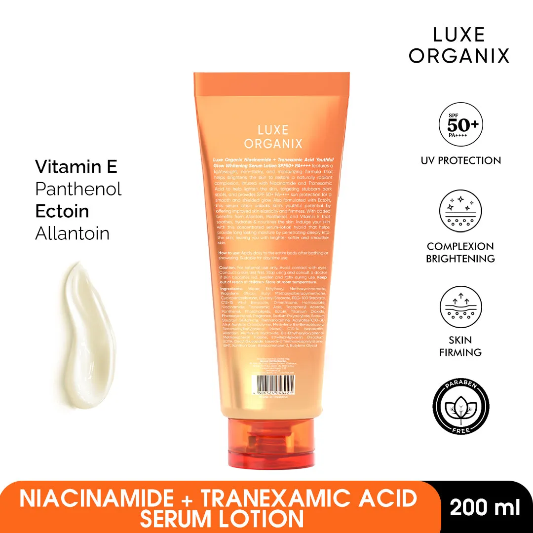 Luxe Organix Niacinamide   Tranexamic Acid Youthful Glow Whitening Serum Lotion SPF50 PA     200ml