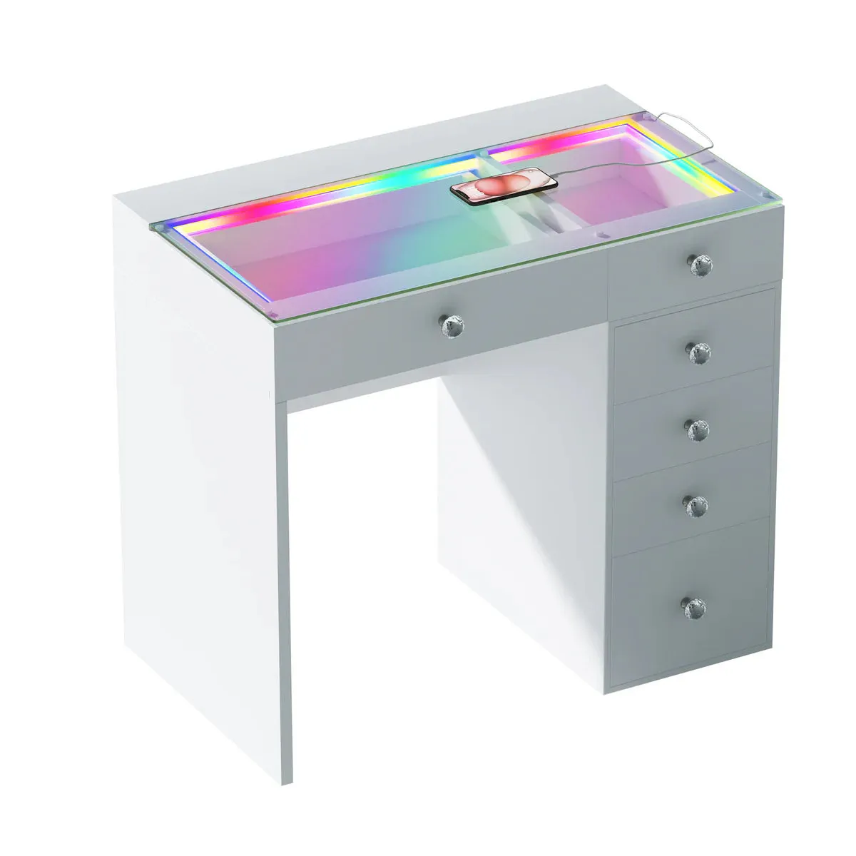LUXE Vanity Desk with 6 Storage Drawers, LED Light Strip, and USB Charging Port