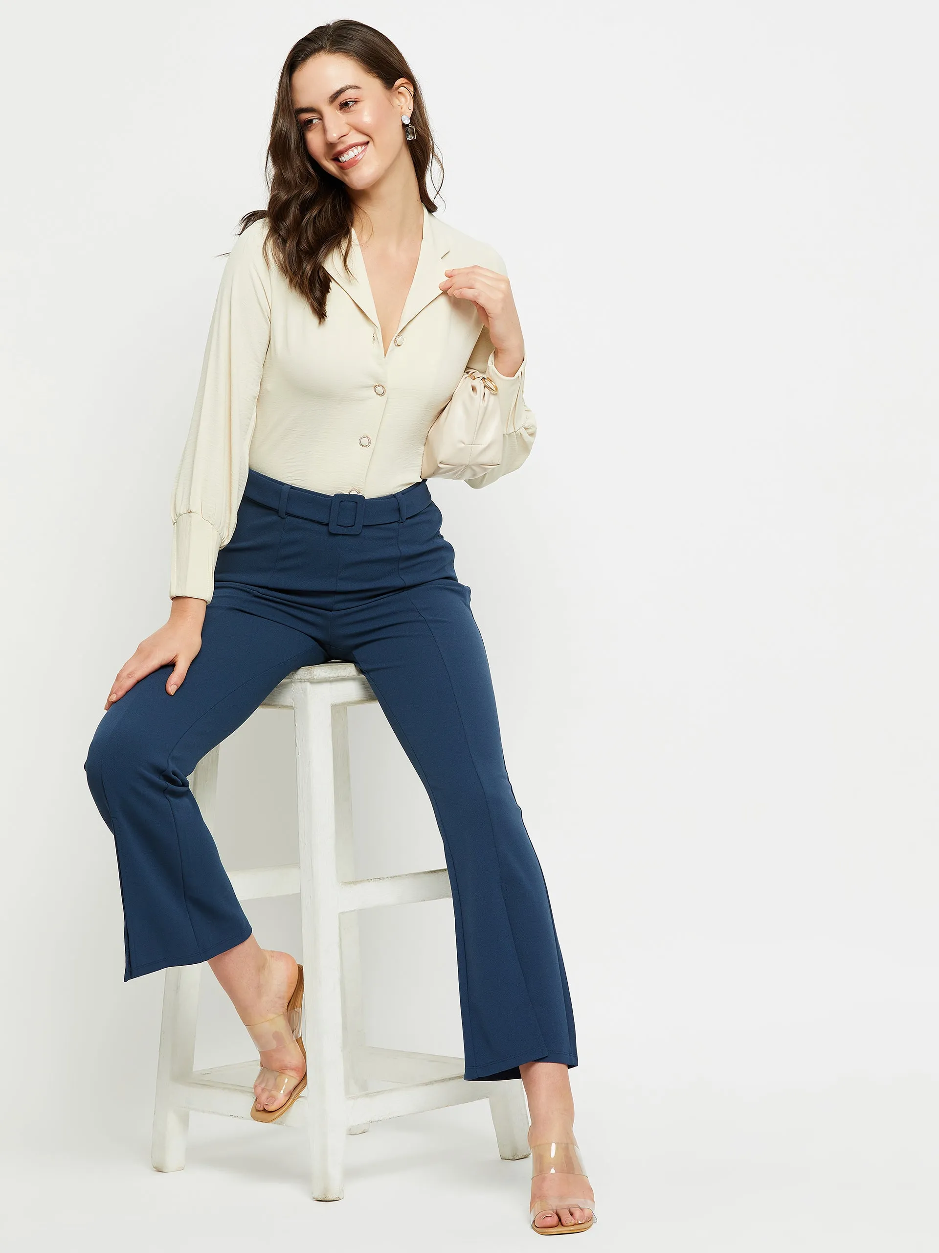 Madame Front Slit Belted Flared Solid Teal Trouser