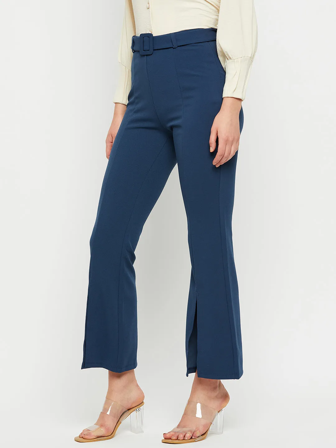 Madame Front Slit Belted Flared Solid Teal Trouser