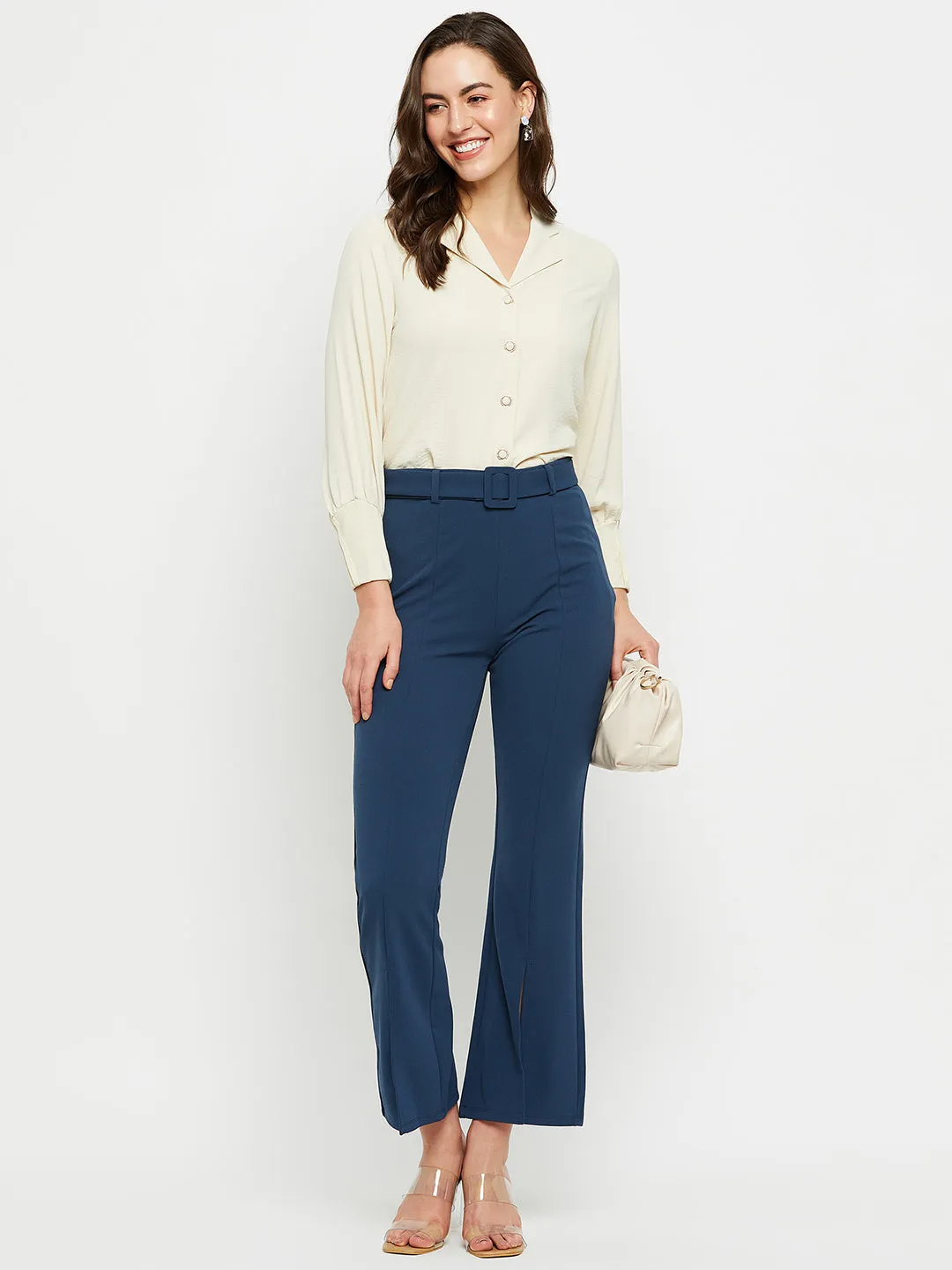Madame Front Slit Belted Flared Solid Teal Trouser