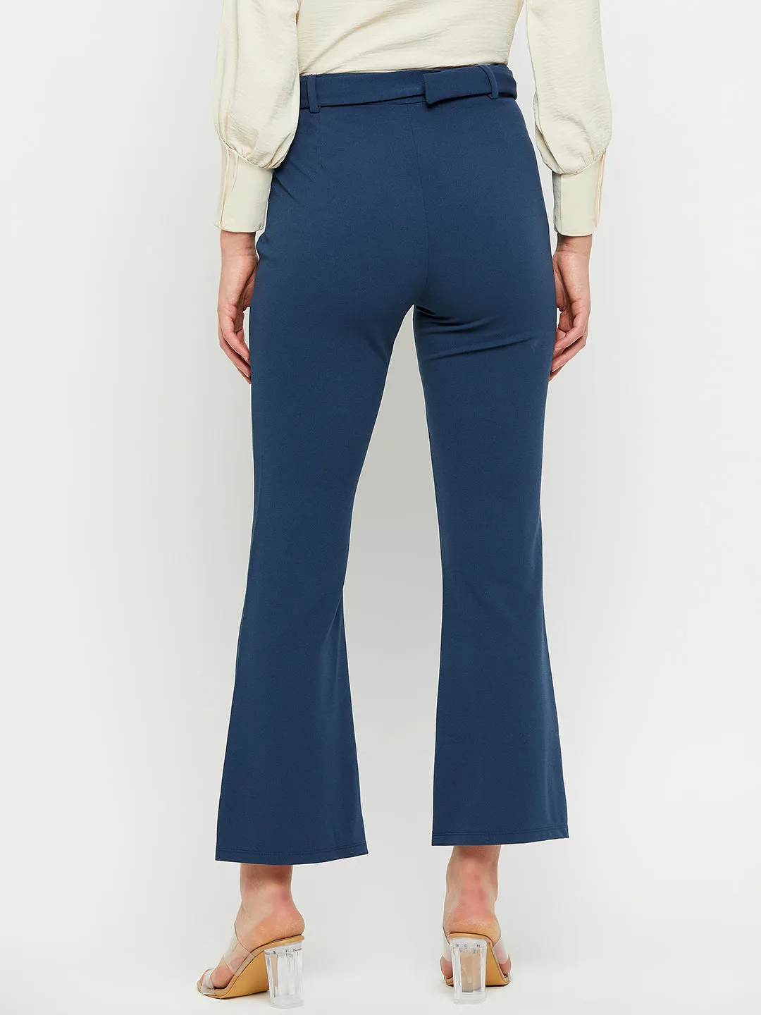Madame Front Slit Belted Flared Solid Teal Trouser