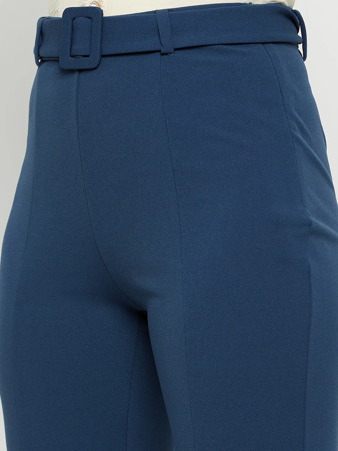 Madame Front Slit Belted Flared Solid Teal Trouser