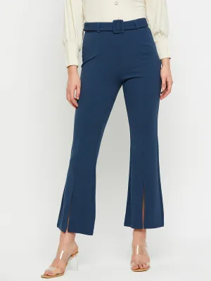 Madame Front Slit Belted Flared Solid Teal Trouser