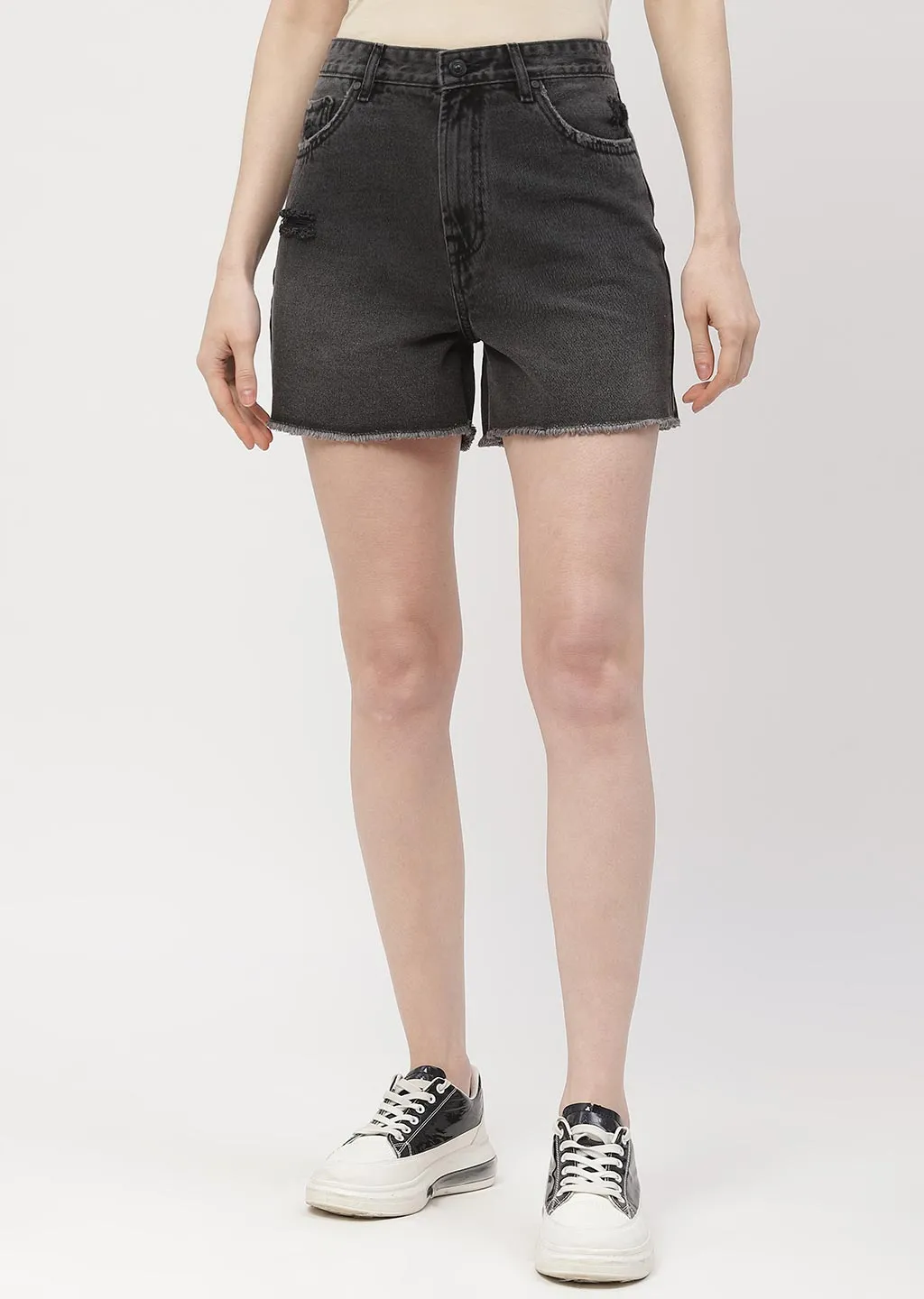 Madame Mild Distressed Black Denim Shorts