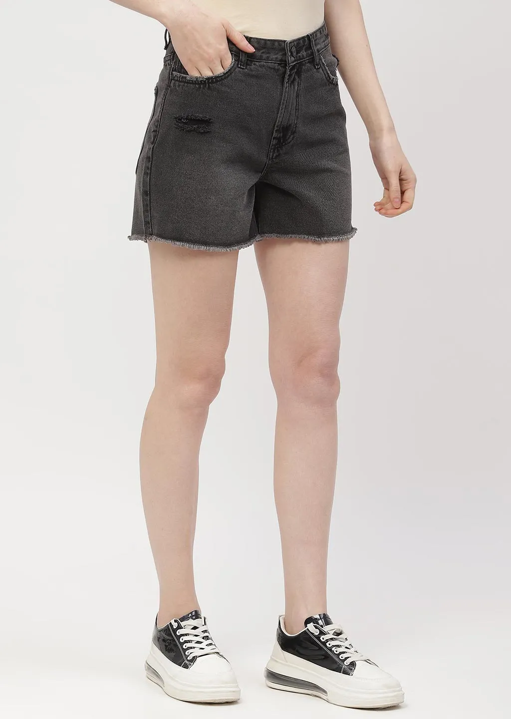 Madame Mild Distressed Black Denim Shorts
