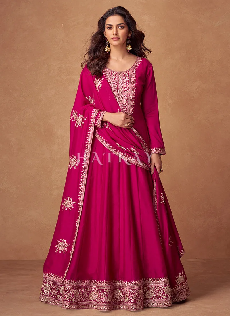 Magenta Embroidery Anarkali Suit