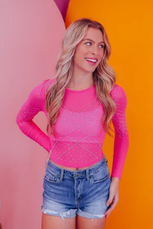 Mari Rhinestone Mesh Crop Top - Pink