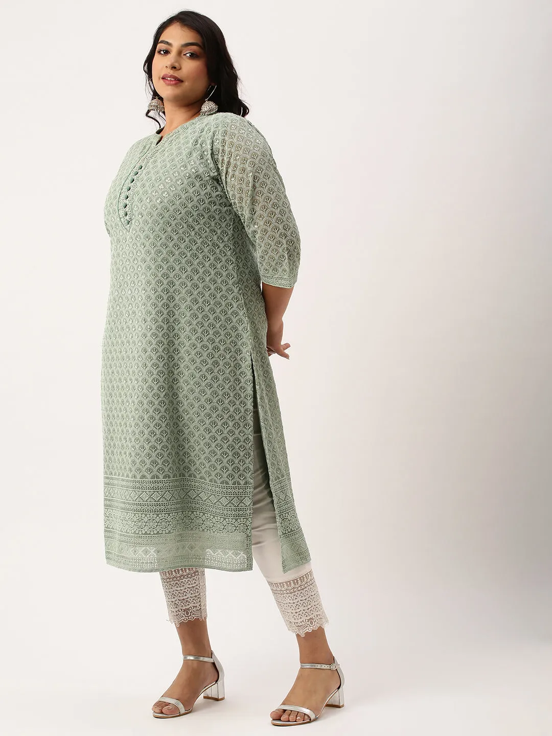 Mehandi Georgette Mandarin Collar Neck 3/4th Sleeves Chikankari Embroidery Ethnic Wear Kurta for Women - ZOLA
