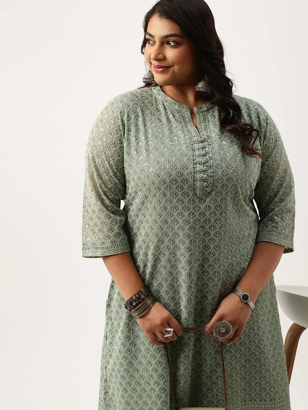 Mehandi Georgette Mandarin Collar Neck 3/4th Sleeves Chikankari Embroidery Ethnic Wear Kurta for Women - ZOLA
