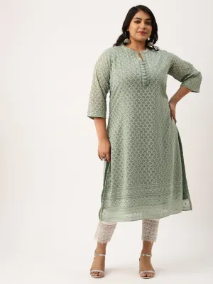 Mehandi Georgette Mandarin Collar Neck 3/4th Sleeves Chikankari Embroidery Ethnic Wear Kurta for Women - ZOLA