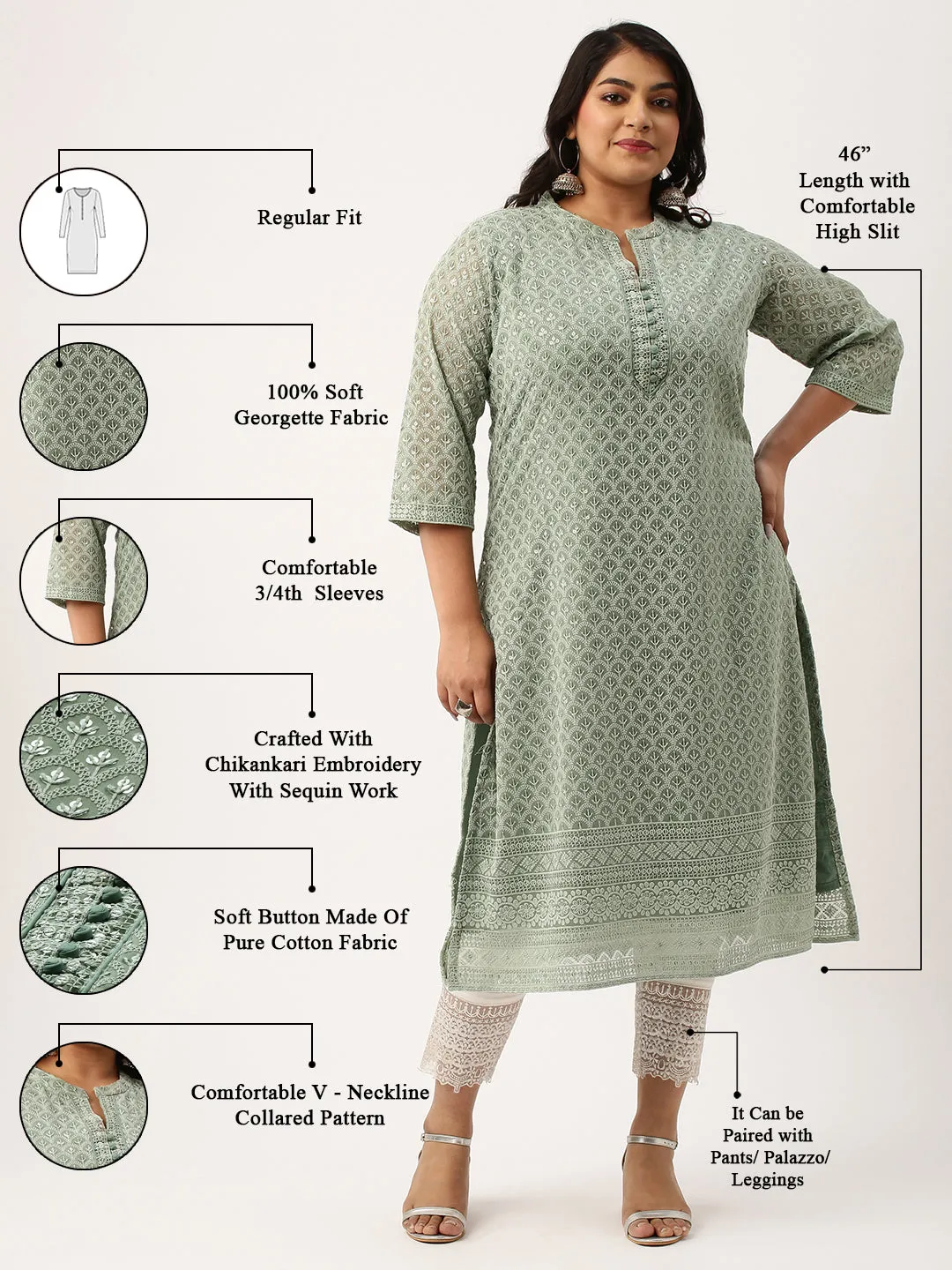 Mehandi Georgette Mandarin Collar Neck 3/4th Sleeves Chikankari Embroidery Ethnic Wear Kurta for Women - ZOLA