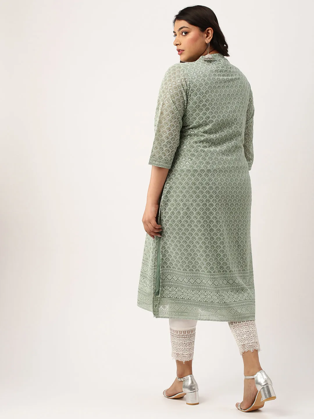 Mehandi Georgette Mandarin Collar Neck 3/4th Sleeves Chikankari Embroidery Ethnic Wear Kurta for Women - ZOLA
