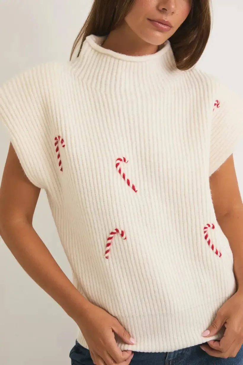 MOCK NECK POWER SHOULDER CANDY CANES SWEATER TOP