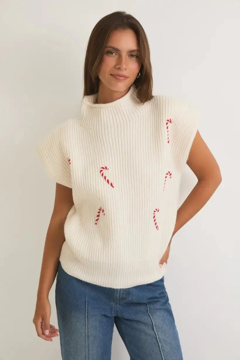 MOCK NECK POWER SHOULDER CANDY CANES SWEATER TOP