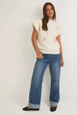 MOCK NECK POWER SHOULDER CANDY CANES SWEATER TOP