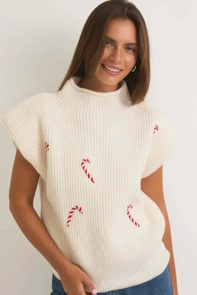 MOCK NECK POWER SHOULDER CANDY CANES SWEATER TOP