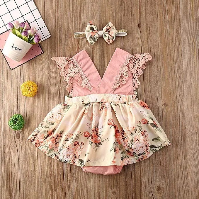 New OFIMAN Infant Baby Girl One-Piece Romper Dress With Lace and Headband, Sz 18-24 Months!