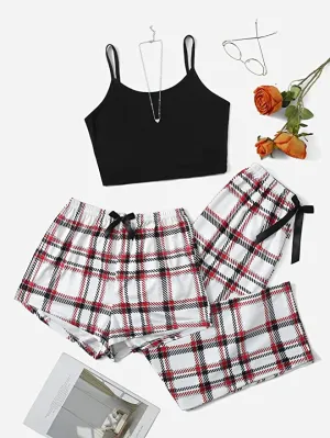 New Shein Women's 3 Piece Plaid Pajamas Set Cami Shorts Set with Pants Loungewear Sleepwear Sz M! Retail $50 