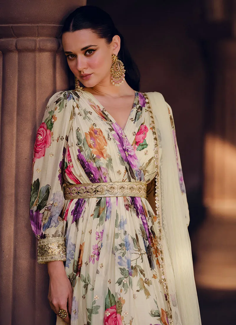 Off White Floral Printed Sequence Embroidered Anarkali Gown