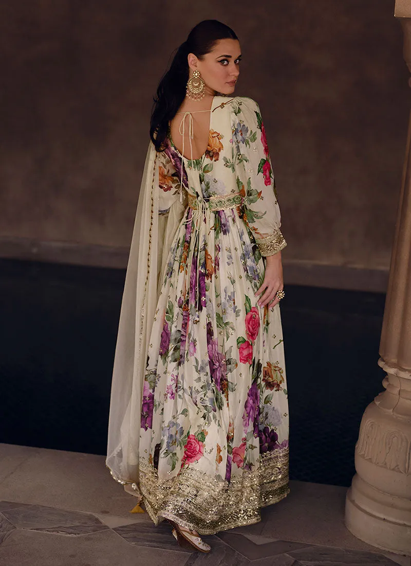 Off White Floral Printed Sequence Embroidered Anarkali Gown