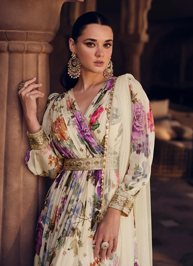 Off White Floral Printed Sequence Embroidered Anarkali Gown