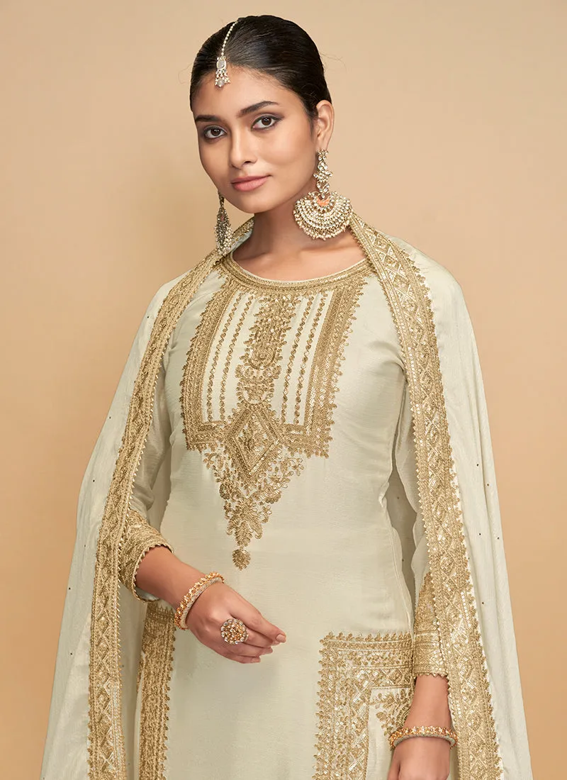 Off-White Golden Embroidered Pakistani Pant Style Suit