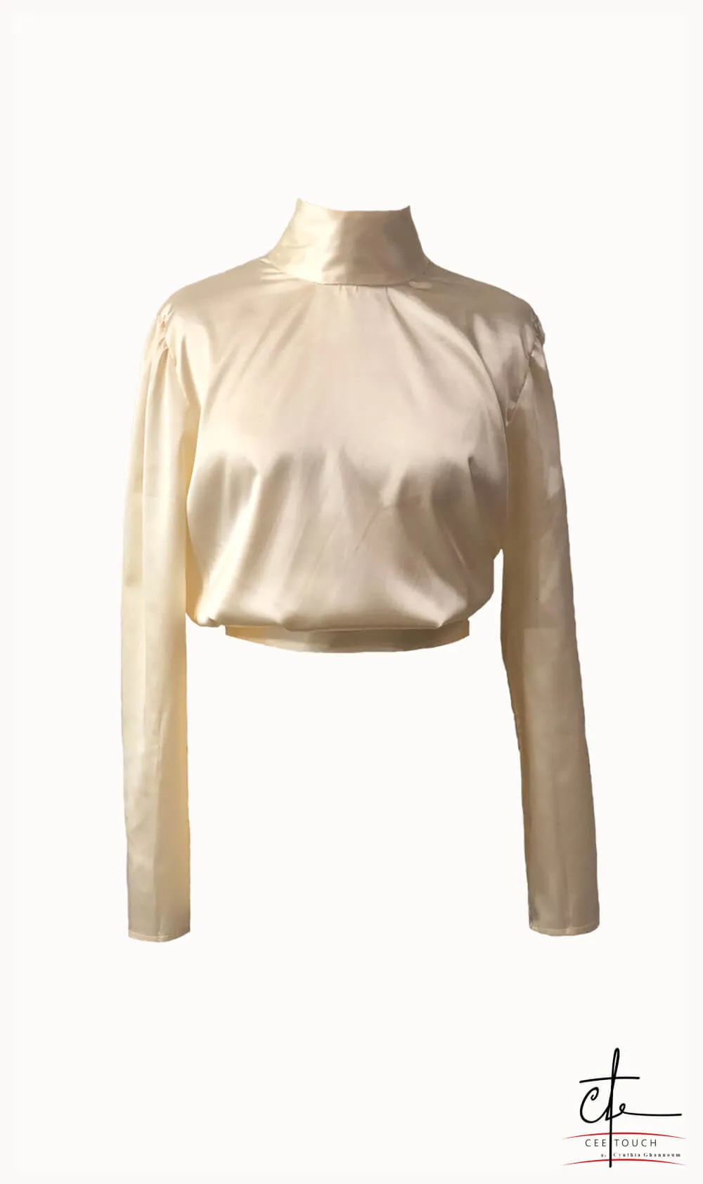 Off White Satin Turtleneck Long Sleeve Top
